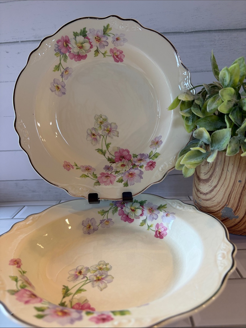 Homer Laughlin Cream Dinner Plates with Pink and Lavender Floral Pattern